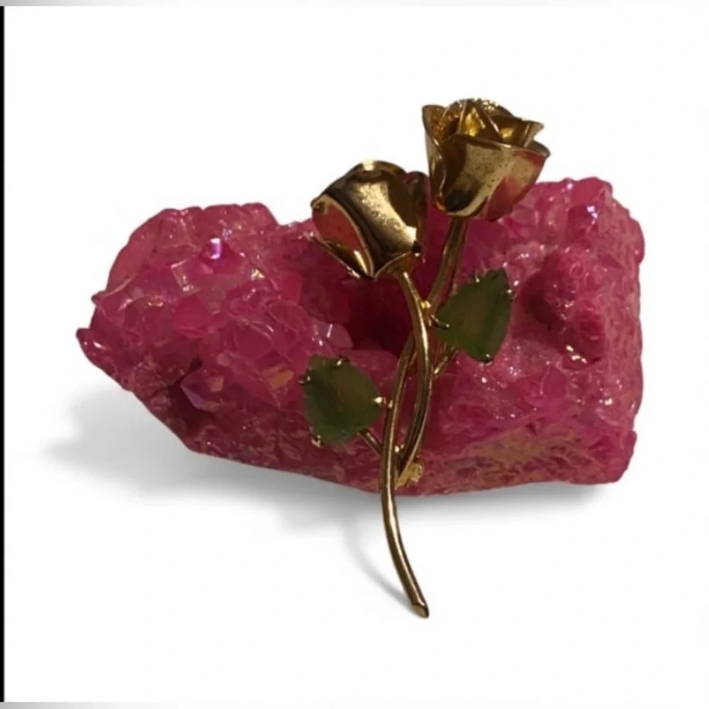 Vintage Jade Rose Flower Gold Tone Brooch #7654 💎